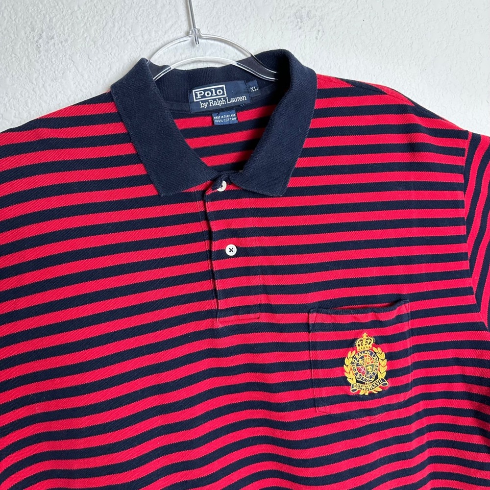 Polo Ralph Lauren Mens XL Red Navy Striped Crest Pocket Polo Shirt Y2K Cotton